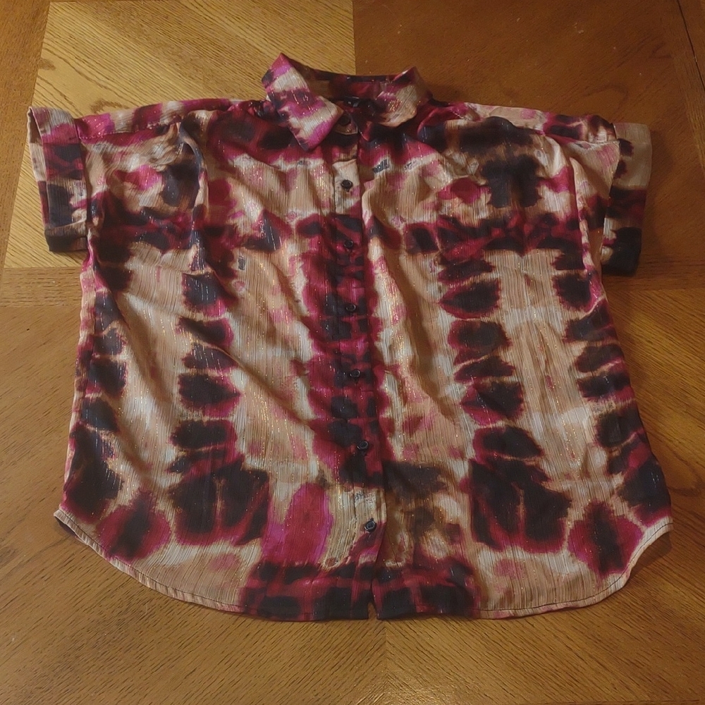 Y2K DKNY Sheer Button Up Blouse Vintage Metallic Tie Dye 90s Lightweight Summer - Picture 2 of 10